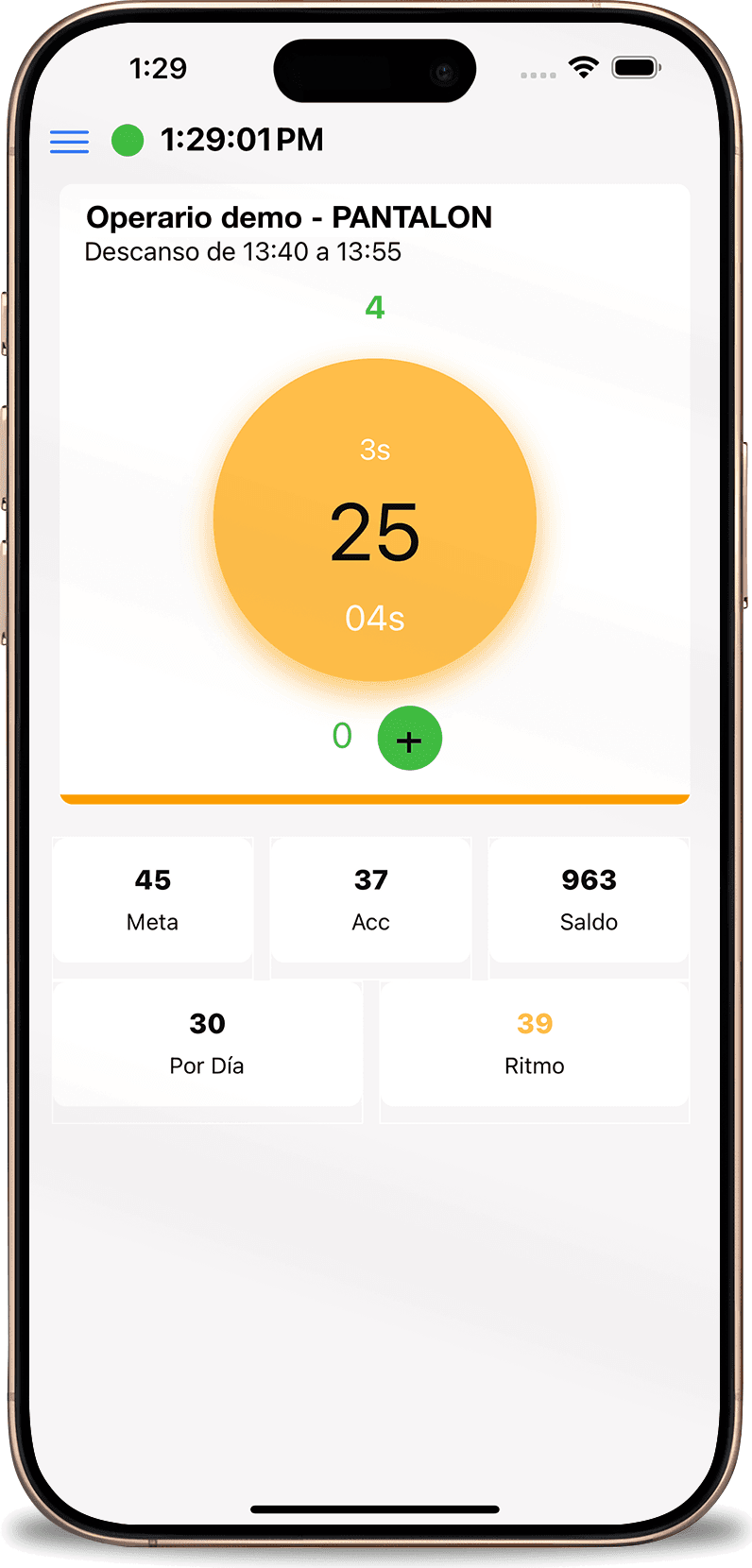 La app del operario en ámbar: el ritmo bajó respecto a la meta de la hora y el operario lo ve mientras la hora transcurre.